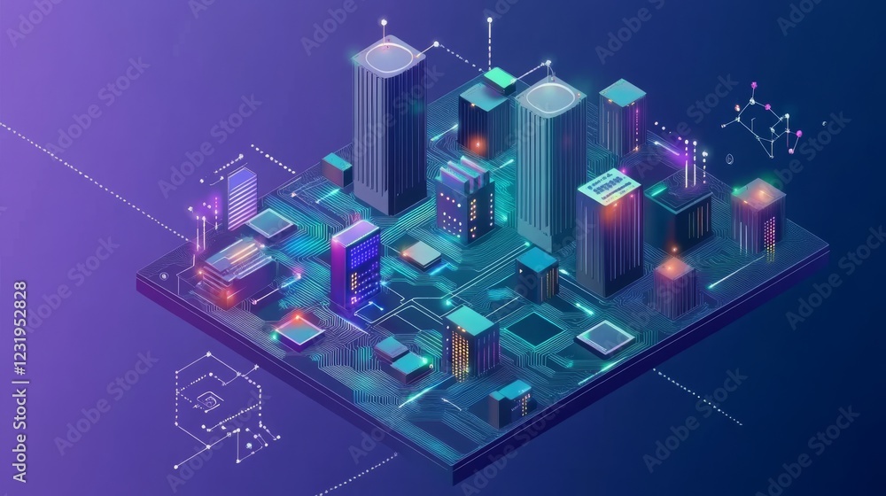 Aufkleber isometric circuit board with connected dots, abstract ai and electronics design