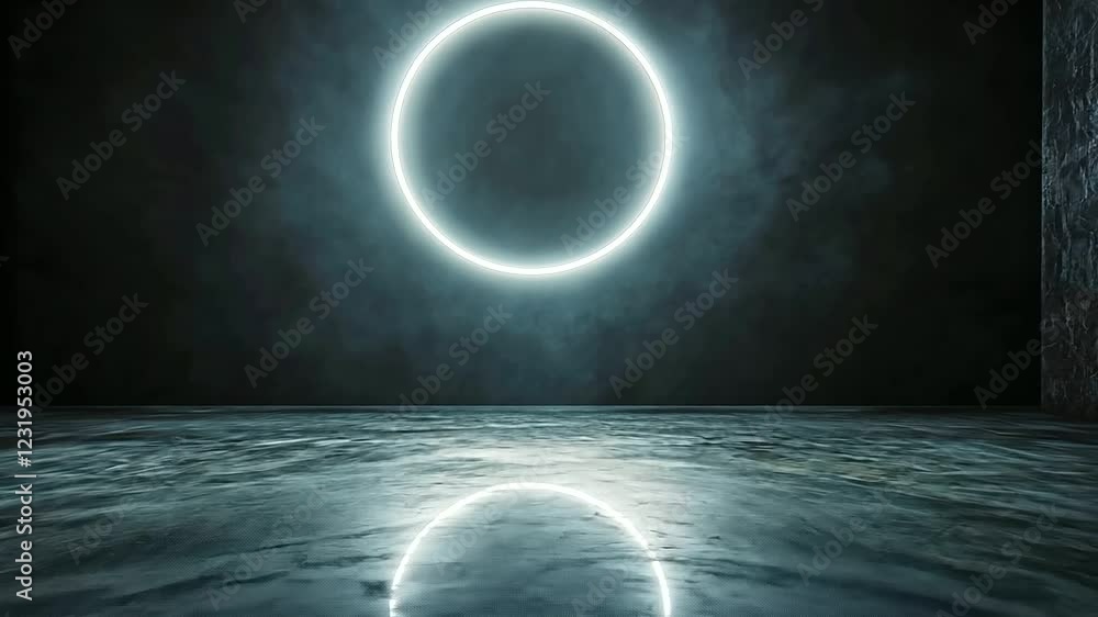 Poster dark studio background illuminated by dynamic white ring lighting, creating an artistic halo effect 