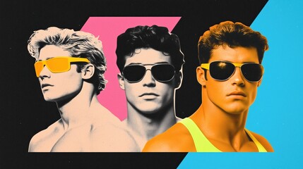 Retro Neon Portrait of Three Muscular Stylish Men in Sunglasses