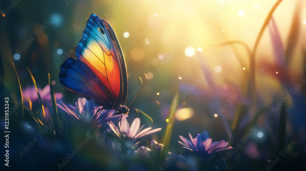 Poster A vibrant macro shot of a colorful butterfly resting on a flower, highlighting its delicate wings and intricate patterns in bright sunlight