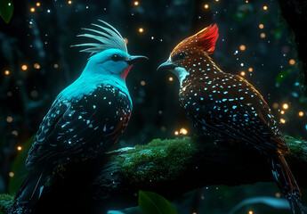 Obraz premium Two birds perched on mossy branches, one blue and the other brown with white spots, bathed in golden hour lighting, a photorealistic, cinematic scene. 