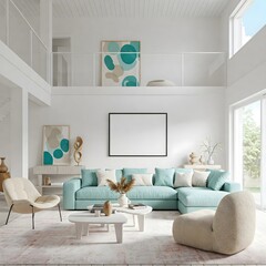 A bright and airy living room bathed in natural light from large,paned windows overlooking a lush garden. The room is anchored by a plush, light colour sectional sofa adorned with soft, neutral pillow