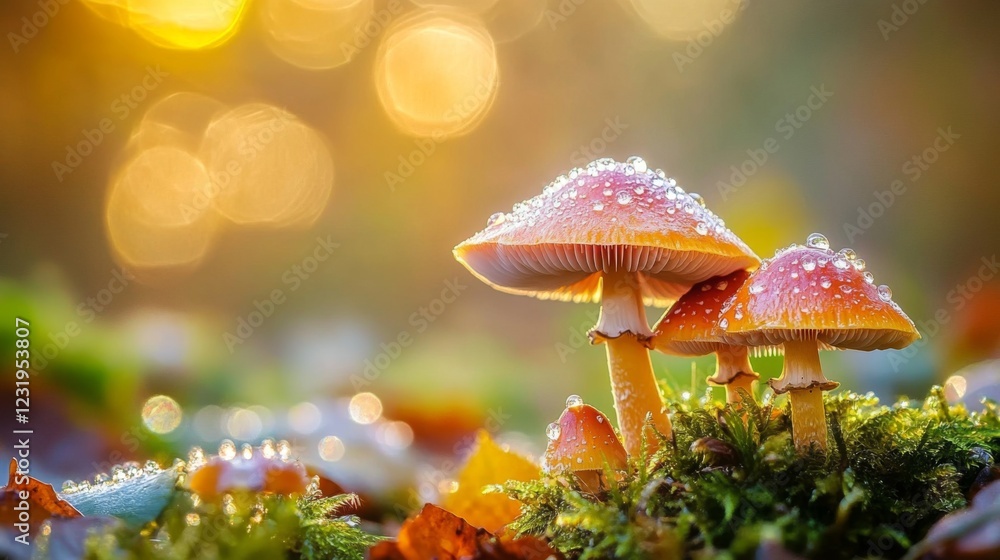 Poster a whimsical scene of mushrooms with sparkling dew in a misty forest, showcasing the magical atmosphe