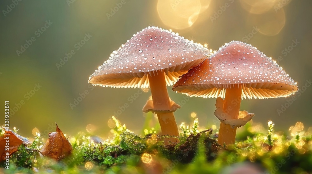 Poster a whimsical scene of mushrooms with sparkling dew in a misty forest, showcasing the magical atmosphe