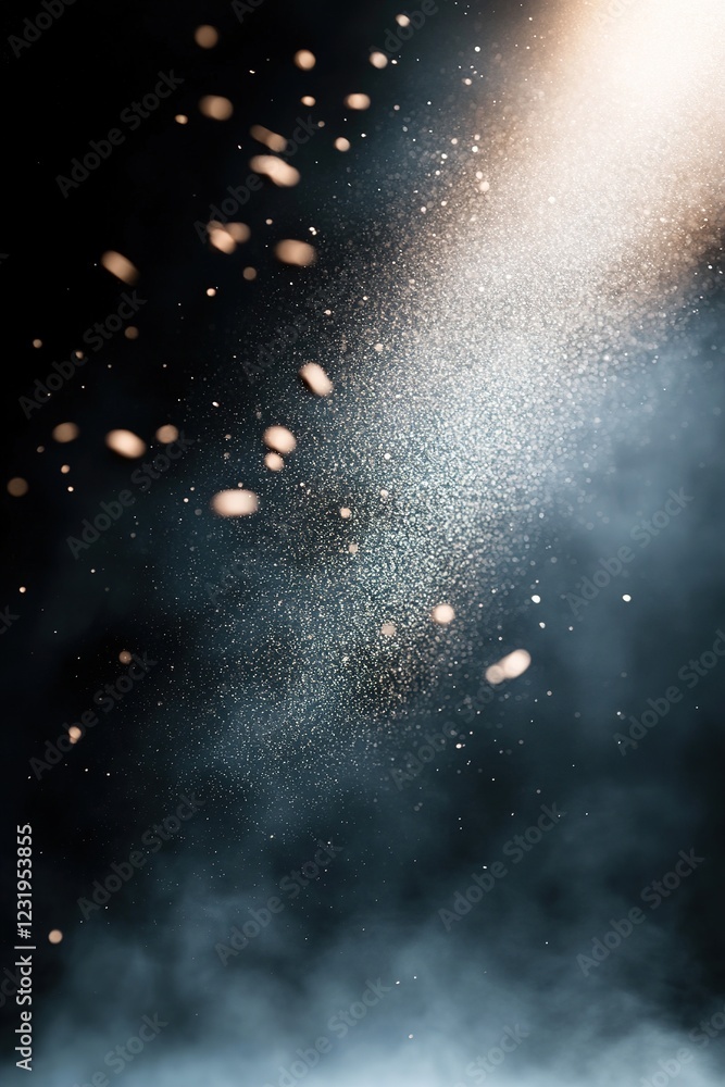 Poster a single spotlight shines on subtle dust particles drifting gracefully in a dark gradient background