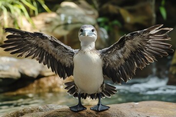 Fototapeta premium Flightless cormorant spreading wings on a rock
