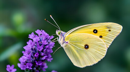 Yellow butterfly feeding on lavender, garden background, nature photography
