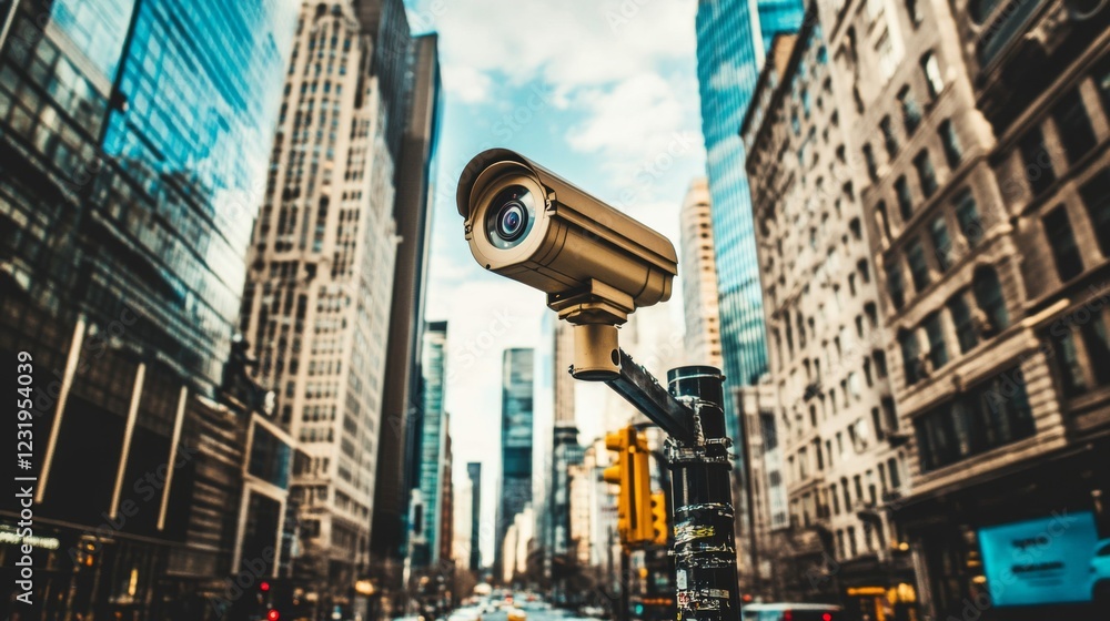 Aufkleber A wide-angle view of a CCTV camera on a pole near an empty intersection in a quiet business district, with minimal traffic and modern buildings in the background