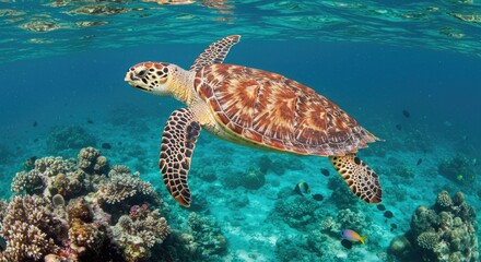 Fototapeta premium hawksbill turtle swimming near a coral reef in crystal-clear waters