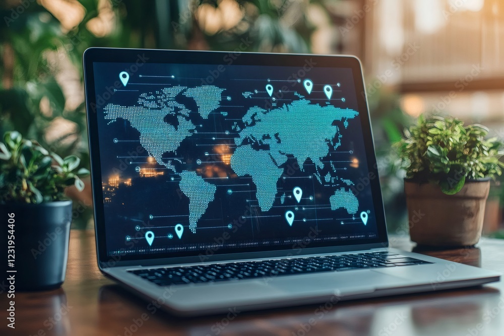 Aufkleber Laptop showing global network and locations on world map in office setting