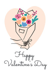 Valentines Day greeting card, vector illustration of minimalist floral bouquet with a heart background and elegant text. Valentine card for love, romance, and celebration themes, isolated clipart