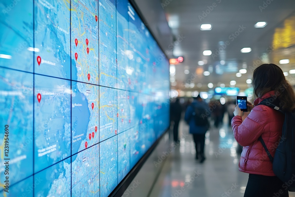 Poster tourist taking photo of large interactive map displaying locations and points of interest
