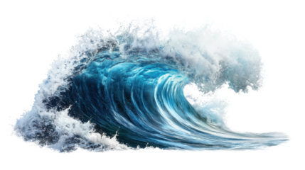 Big blue ocean wave breaking with foam and transparent background