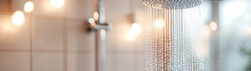 Water drops softly cascade from a stainless-steel rain shower head inside a sleek glass enclosure