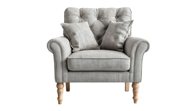Grey Button Tufted Armchair with Wooden Legs for Living Room