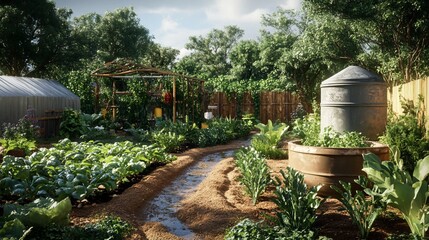 Obraz premium Lush garden with irrigation, rural setting, sunny day