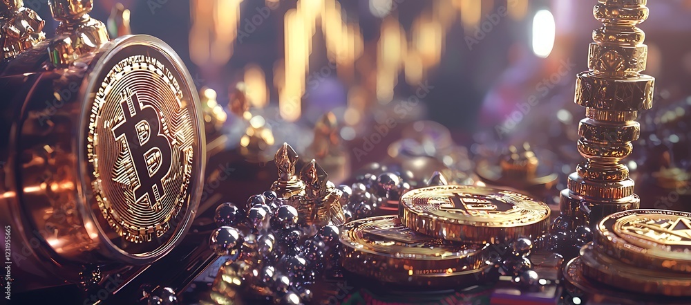 Poster Luxurious Golden Bitcoin Display with Intricate Details and Symbolic Elements