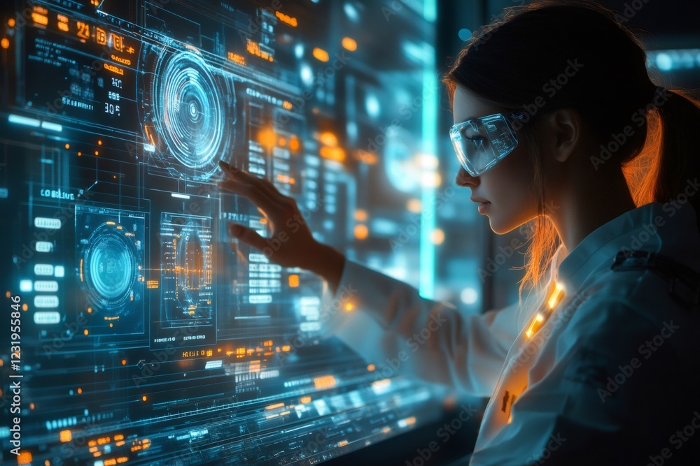 Leinwandbilder scientist working with futuristic interface touching digital screen in laboratory