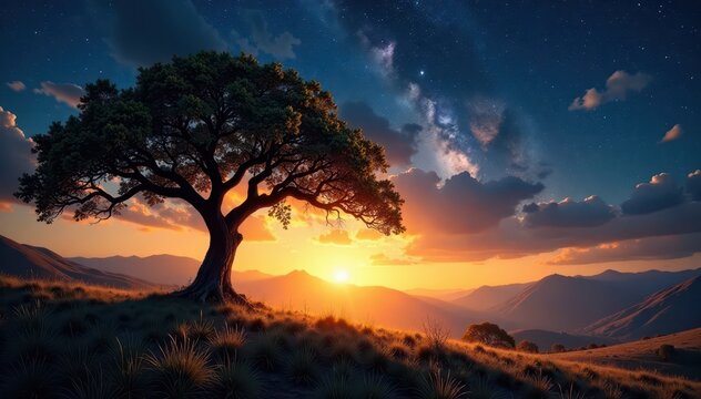 Viejo roble con ramas retorcidas bajo el cielo estrellado, viejo roble, naturaleza