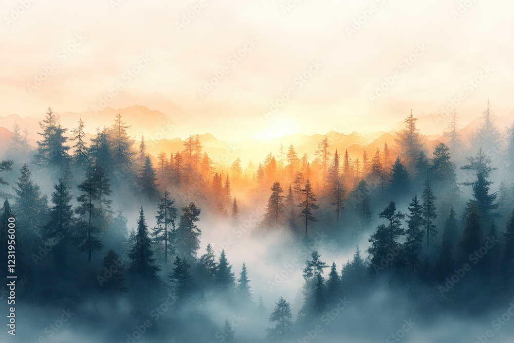Poster a tranquil forest landscape with tall trees shrouded in mist under a golden sunrise, creating a sere
