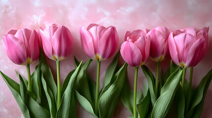 Obraz premium Pink flowers are arranged in a row, with their stems sticking out of the ground. The flowers are tall and slender, with green leaves at the bottom