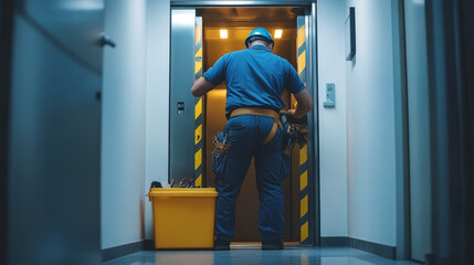 Repair man and out of order elevator with yellow stripes in house or office hallway. Vector cartoon corridor with open lift doors and mechanic with tool box. Maintenance service of broken elevator