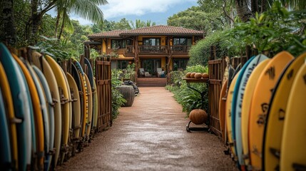 Colorful surfboards leaning against fence in tropical resort