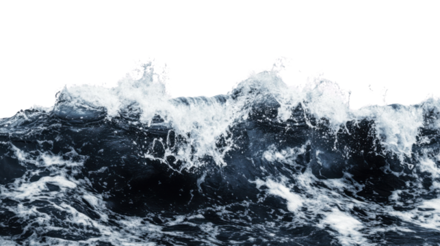 Dark blue ocean waves crashing with white foam on transparent background