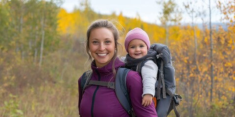 Fototapeta premium A woman is smiling and holding her baby on her back while they are hiking in the woods. The baby is wearing a pink hat