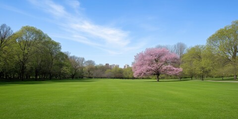 A large open field with a pink tree in the middle. The sky is clear and blue