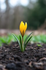 Obraz premium A small yellow flower is growing in the dirt. The flower is surrounded by dirt and has a stem