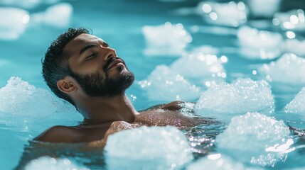 A man reclines peacefully in a pool filled with ice, enjoying the cool sensation while sunlight glimmers on the water. His serene expression reflects pure tranquility and relaxation