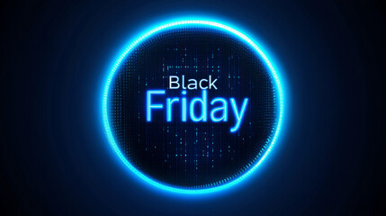 Glowing blue neon ring or futuristic circle with digital binary code and black friday icon, concept vector tech illustration. Hightech optical radiant effect on ultraviolet, technological sale banner