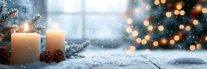 Burning Christmas Candles, Pine Branches, Cones On Snowy Table, Blurry Christmas Tree Background