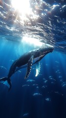 Fototapeta premium HD Phone Wallpaper Majestic Humpback Whale Underwater Sunlight Rays Ocean Wildlife Marine Life