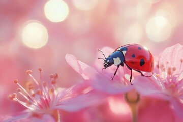 Fototapeta premium Ladybug exploring delicate pink flower petals in soft light