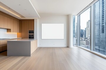 Modern empty apartment with city view, hardwood floors, kitchen island, and large window.