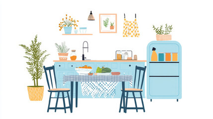 Kitchen room cartoon vector interior set with table and fridge. Isolated home dining furniture illustration on white background. Modern flat design with blue cupboard and cooking appliance kit.