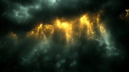 A dramatic stormy sky with sunlight breaking through dark clouds, creating radiant highlights.