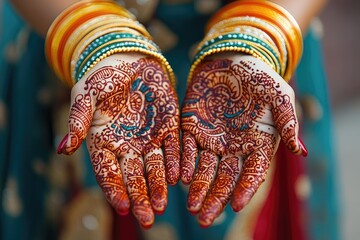 Naklejka premium Indian bride showing henna tattoo on hands wearing traditional bracelets