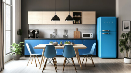 Kitchen room cartoon vector interior set with table and fridge. Isolated home dining furniture illustration on white background. Modern flat design with blue cupboard and cooking appliance kit.