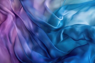 Fototapeta premium abstract fluid silk fabric flowing in zero gravity, iridescent blues and purples, ethereal lighting creating translucent effects