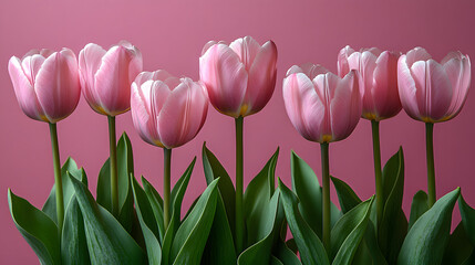 Fototapeta premium Pink flowers are arranged in a row, with their stems sticking out of the ground. The flowers are tall and slender, with green leaves at the bottom