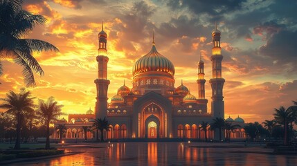 Fototapeta premium Serene Ramadan Mosque with Vibrant Sky and Swaying Palm Trees 