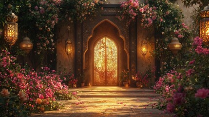 Fototapeta premium Serene Islamic Architecture Surrounded by Floral Decor and Festive Lanterns
