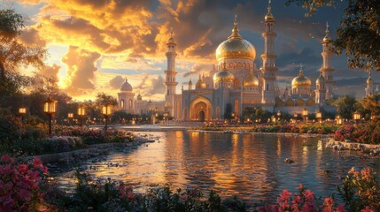 Sunset Reflections on a Golden Dome Mosque Surrounded by Lush Gardens – Ramadan Vibes