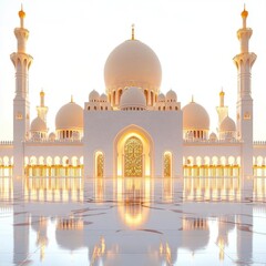 Obraz premium Elegant Mosque at Dusk with Glowing Lights and Golden Domes – Ramadan Symbolism