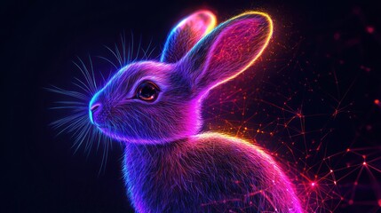 Neon rabbit profile, glowing fur, dark background, digital art, website header