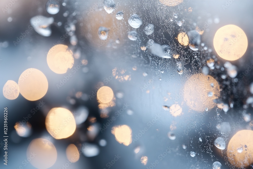 Poster frosted glass surface glimmers with warm glowing particles, casting a magical ambiance. bokeh effect
