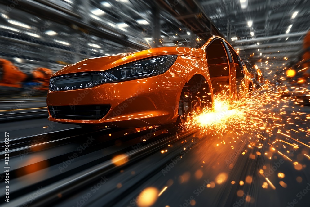 Poster orange car speeding through factory assembly line with sparks